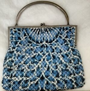 Art Deco vintage bag, blue and white enamel mesh, evening bag, 1930s,